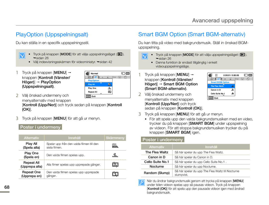 Samsung HMX-F90BP/EDC manual Avancerad uppspelning, PlayOption Uppspelningsalt, Smart BGM Option Smart BGM-alternativ 