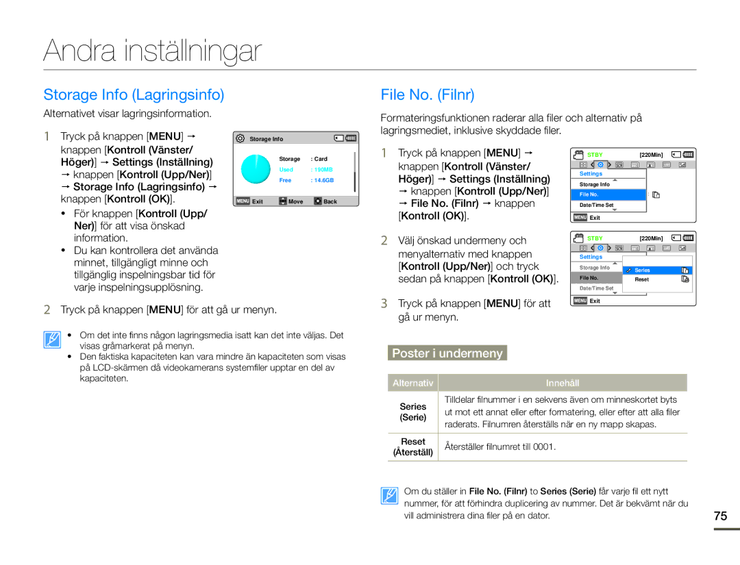 Samsung HMX-F90WP/EDC, HMX-F90BP/EDC manual Andra inställningar, Storage Info Lagringsinfo, File No. Filnr 