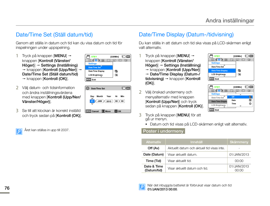 Samsung HMX-F90BP/EDC manual Andra inställningar, Date/Time Set Ställ datum/tid, Date/Time Display Datum-/tidvisning 