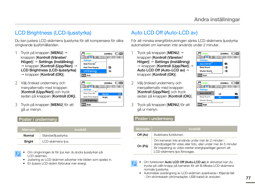 Samsung HMX-F90WP/EDC, HMX-F90BP/EDC manual LCD Brightness LCD-ljusstyrka, Knappen, Auto LCD Off Auto-LCD av  