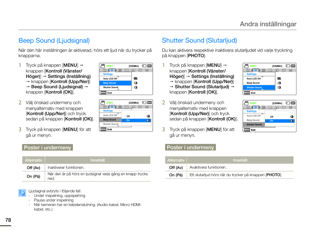 Samsung HMX-F90BP/EDC, HMX-F90WP/EDC manual Shutter Sound Slutarljud,  Beep Sound Ljudsignal  