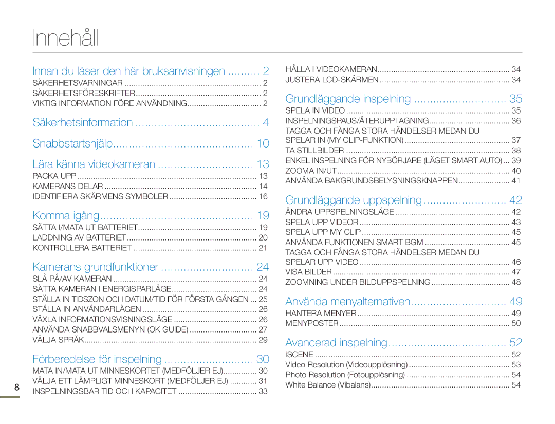 Samsung HMX-F90BP/EDC, HMX-F90WP/EDC manual Innehåll, Grundläggande inspelning 