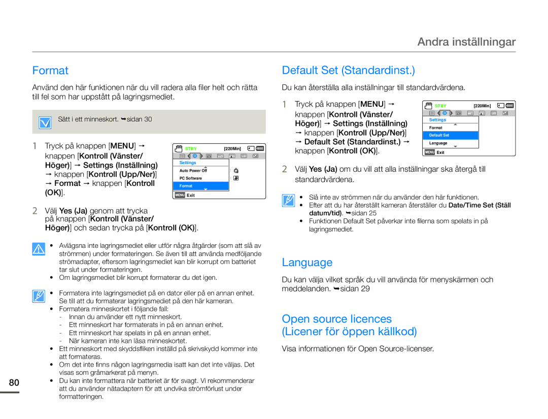 Samsung HMX-F90BP/EDC manual Format Default Set Standardinst, Language, Open source licences Licener för öppen källkod 