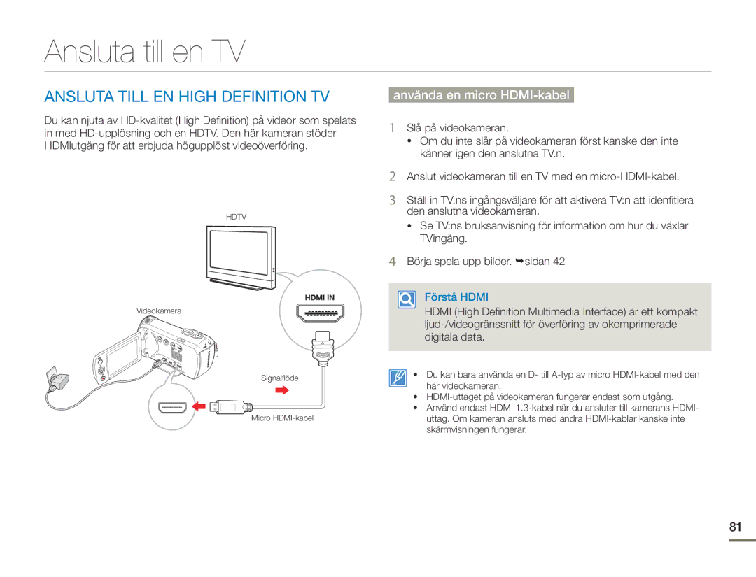 Samsung HMX-F90WP/EDC Ansluta till en TV, Ansluta Till EN High Definition TV, Använda en micro HDMI-kabel, Förstå Hdmi 