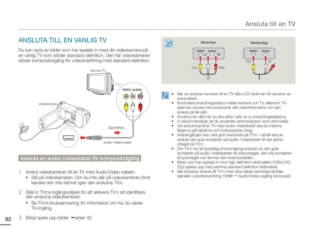 Samsung HMX-F90BP/EDC manual Ansluta till en TV, Ansluta Till EN Vanlig TV, Ansluta en audio-/videokabel för kompositutgång 