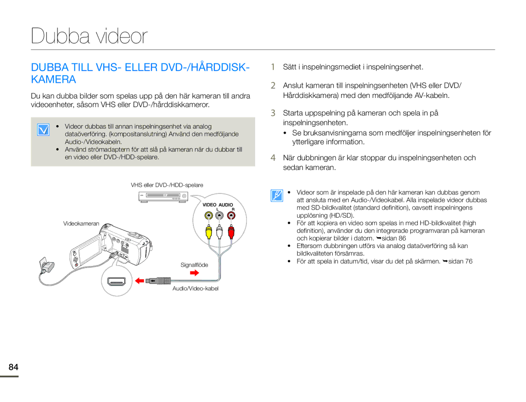 Samsung HMX-F90BP/EDC, HMX-F90WP/EDC manual Dubba videor, Dubba Till VHS- Eller DVD-/HÅRDDISK- Kamera 