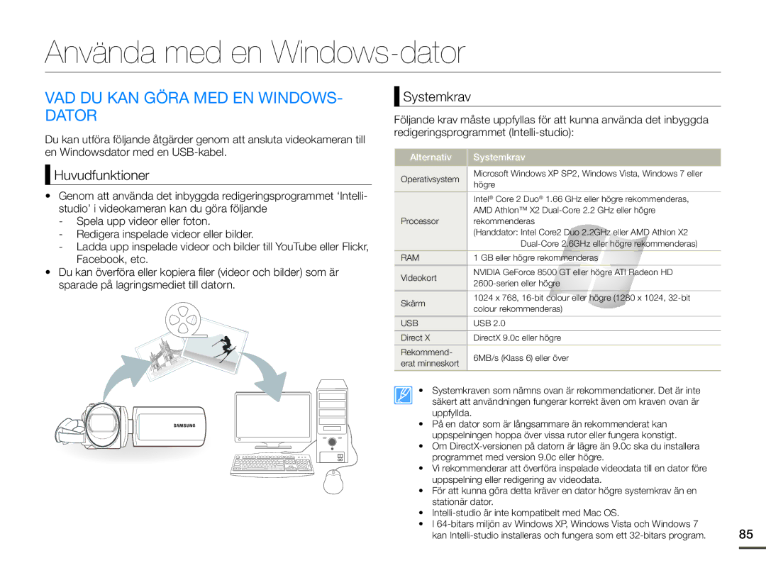 Samsung HMX-F90WP/EDC Använda med en Windows-dator, VAD DU KAN Göra MED EN WINDOWS- Dator, Huvudfunktioner, Systemkrav 