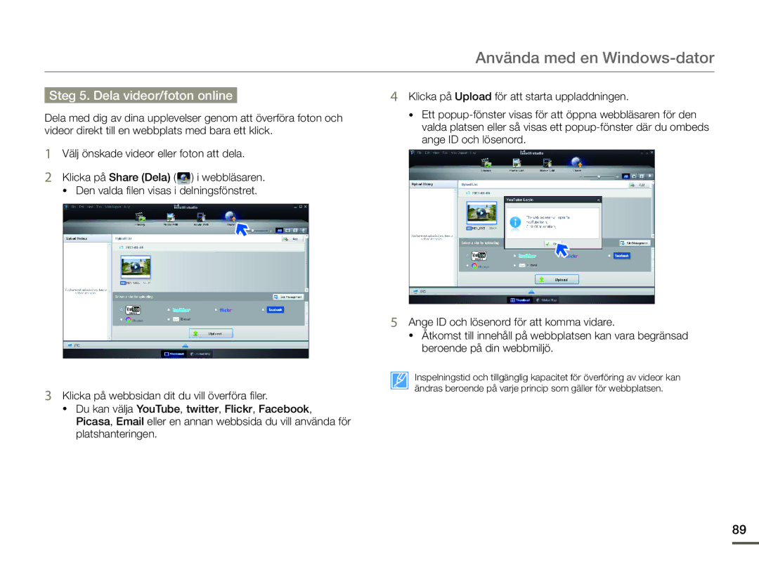 Samsung HMX-F90WP/EDC, HMX-F90BP/EDC manual Steg 5. Dela videor/foton online 