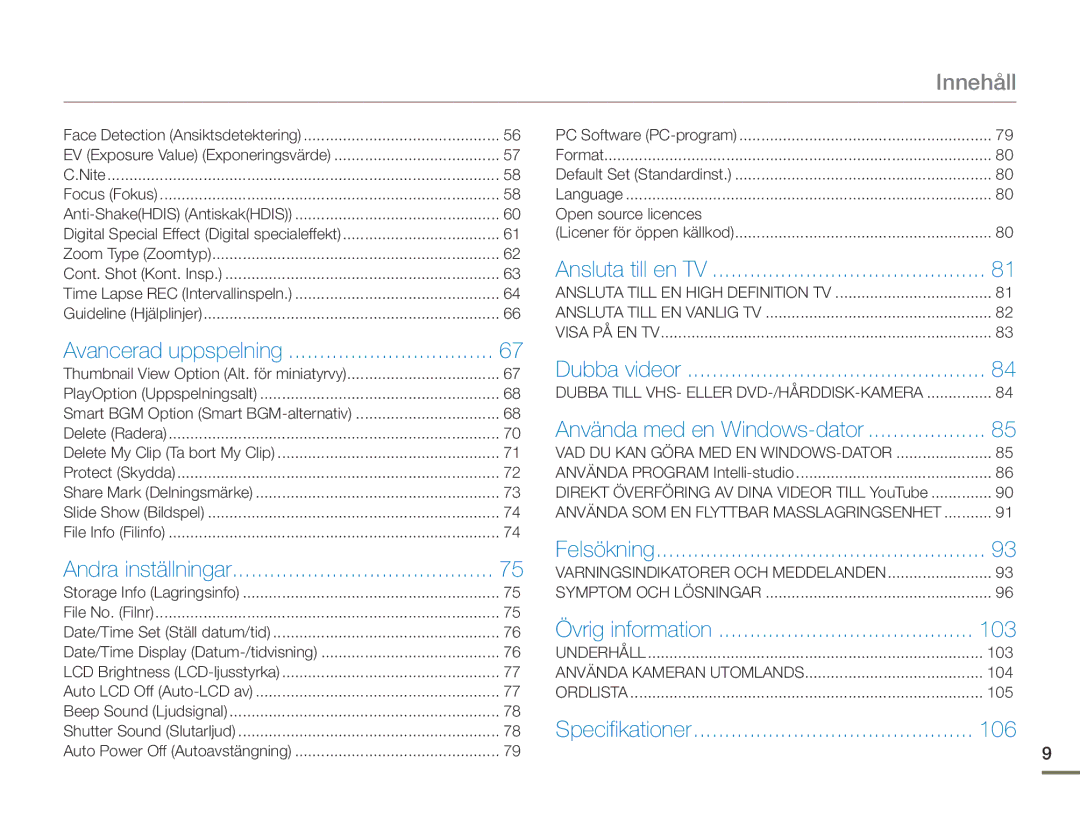 Samsung HMX-F90WP/EDC, HMX-F90BP/EDC manual Innehåll, 103, 106 