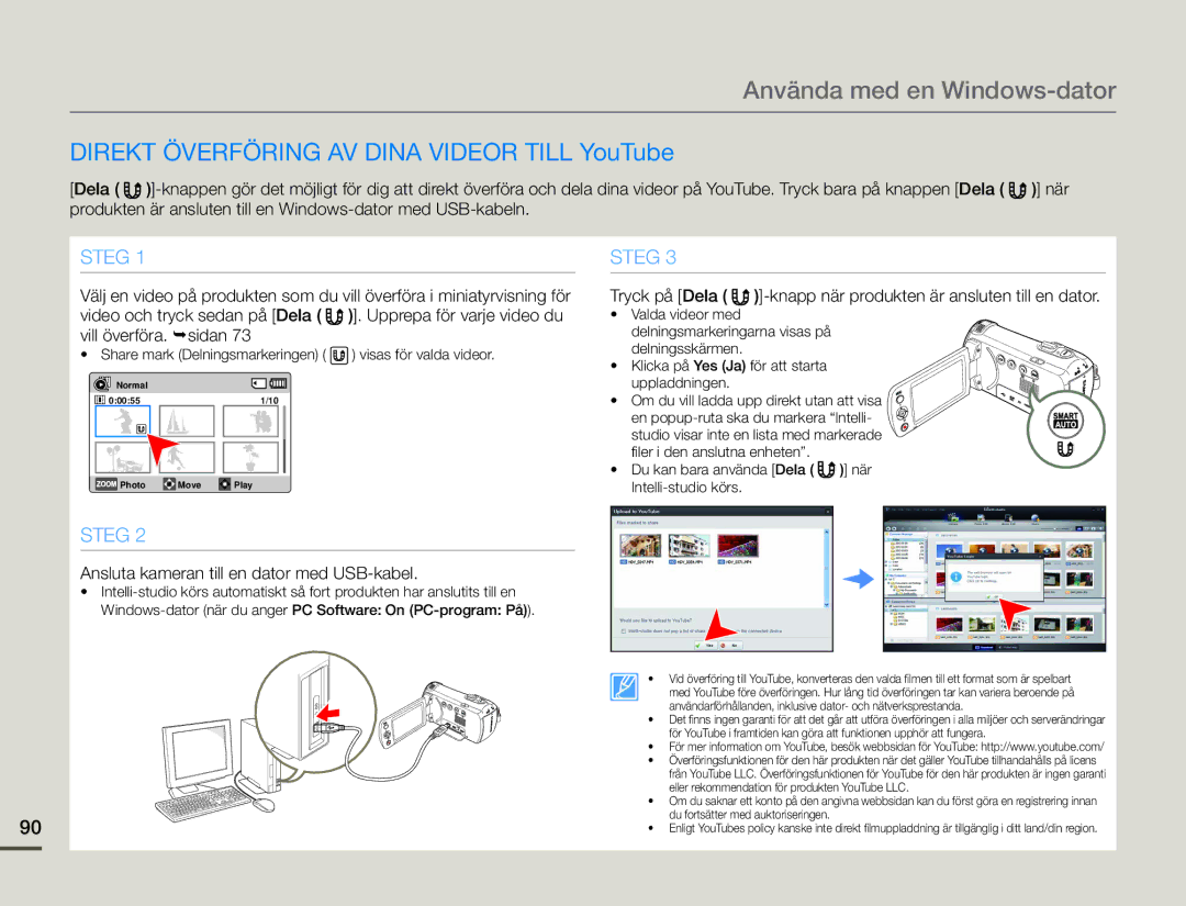 Samsung HMX-F90BP/EDC, HMX-F90WP/EDC manual Direkt Överföring AV Dina Videor Till YouTube 