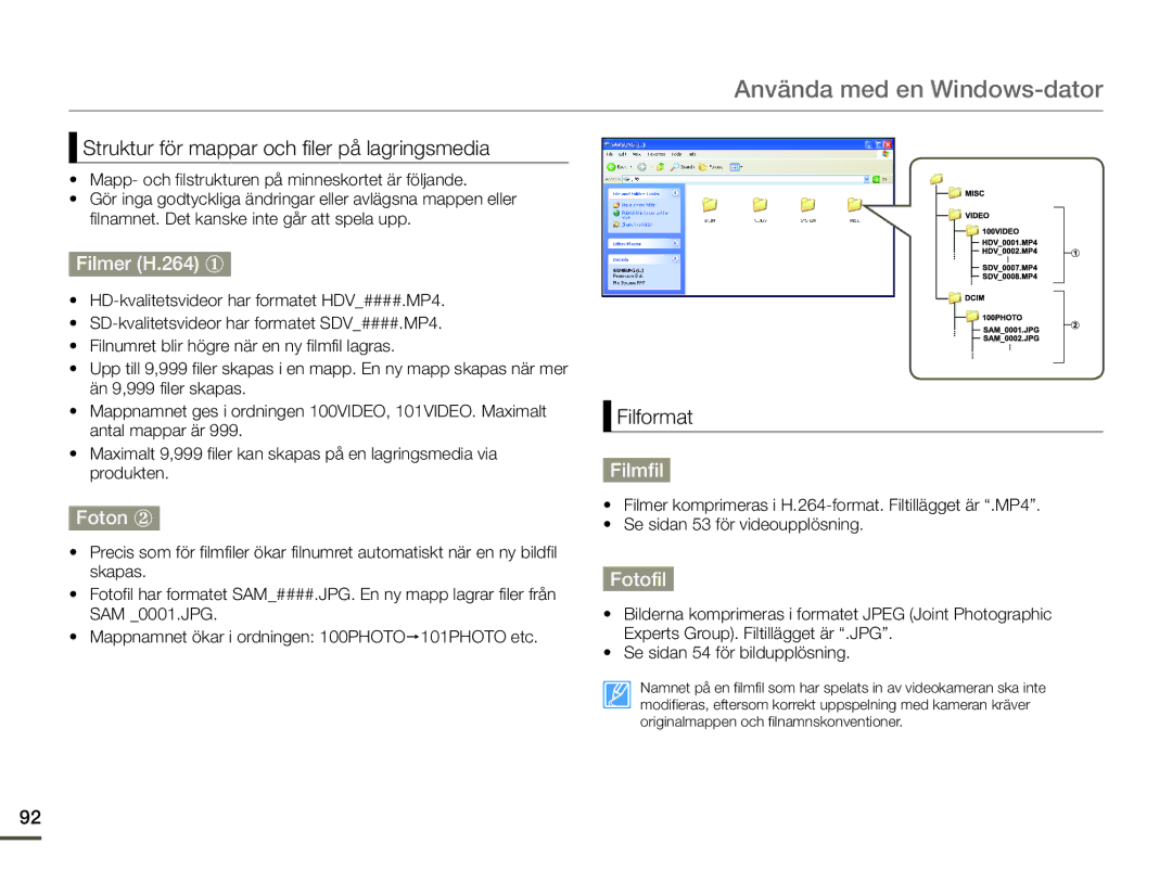 Samsung HMX-F90BP/EDC, HMX-F90WP/EDC manual Filmer H.264 ①, Foton ②, Filmfil, Fotofil 