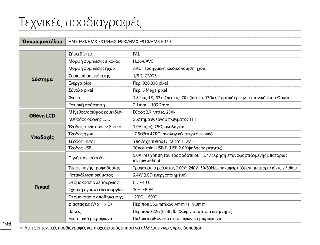 Samsung HMX-F90BP/EDC, HMX-F90WP/EDC manual Τεχνικές προδιαγραφές, 106, Υποδοχές, Γενικά 