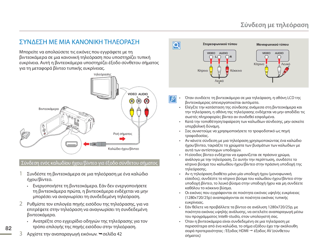 Samsung HMX-F90BP/EDC, HMX-F90WP/EDC manual Σύνδεση με τηλεόραση, Συνδεση ΜΕ ΜΙΑ Κανονικη Τηλεοραση 