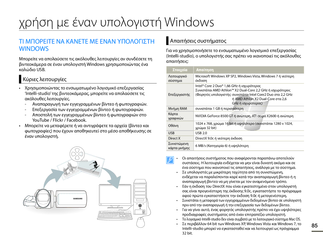 Samsung HMX-F90WP/EDC, HMX-F90BP/EDC Χρήση με έναν υπολογιστή Windows, ΤΙ Μπορειτε ΝΑ Κανετε ΜΕ Εναν Υπολογιστη Windows 