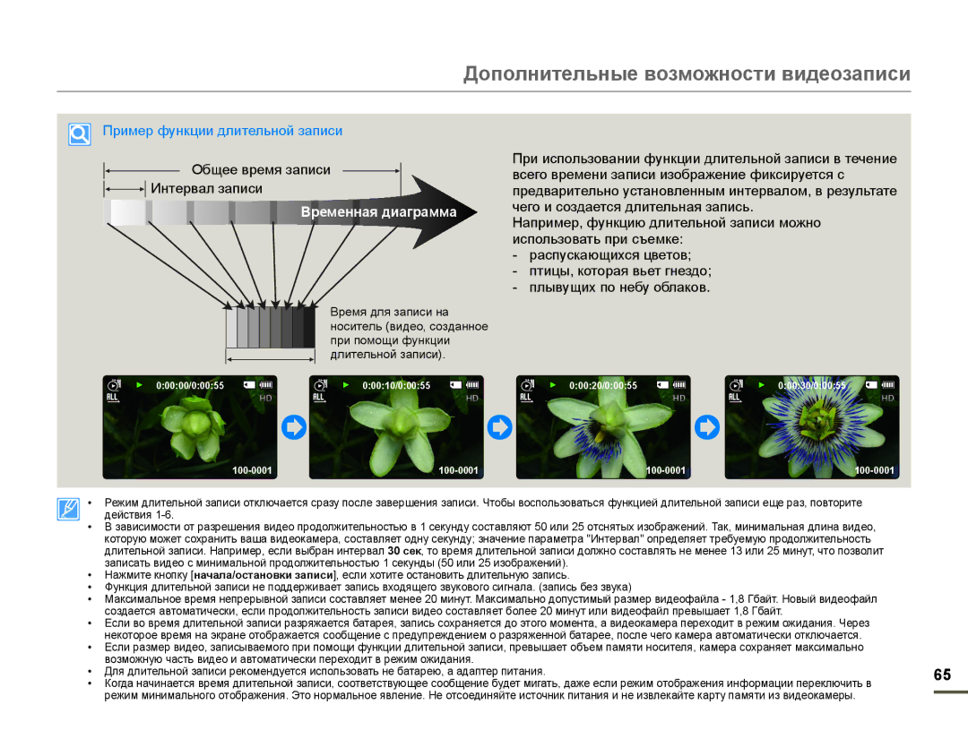 Samsung HMX-F90WP/XER, HMX-F90WP/XEK, HMX-F90BP/XER Пример функции длительной записи, Общее время записи Интервал записи 