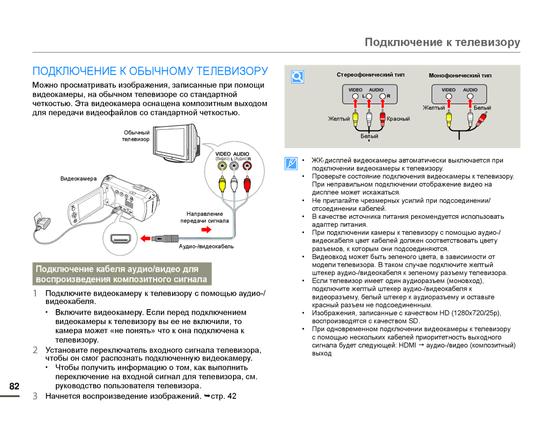 Samsung HMX-F90BP/XER, HMX-F90WP/XEK, HMX-F90WP/XER manual Подключение к телевизору, Подключение К Обычному Телевизору 