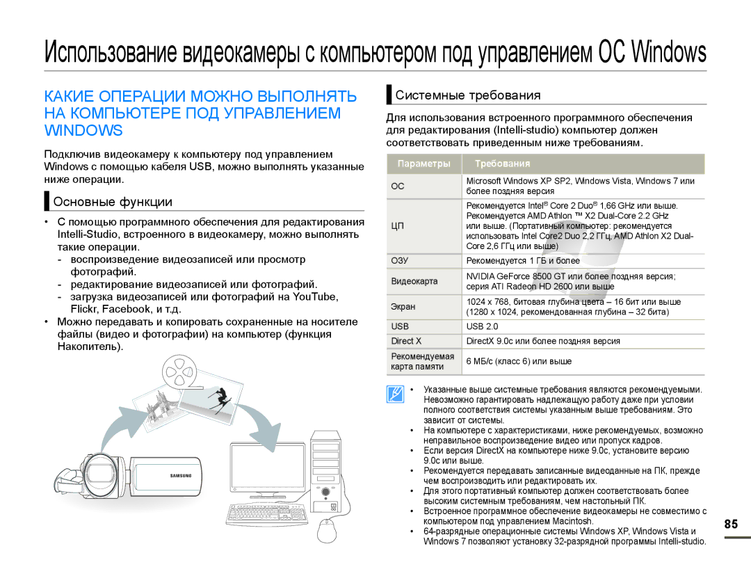 Samsung HMX-F90WP/XER, HMX-F90WP/XEK, HMX-F90BP/XER manual Основные функции, Системные требования, Параметры Требования 