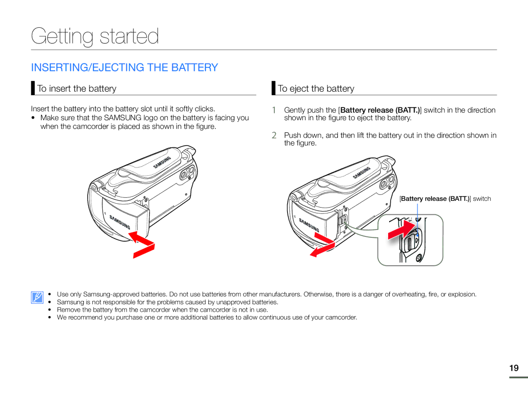 Samsung HMX-F920, HMX-F910 Getting started, INSERTING/EJECTING the Battery, To insert the battery, To eject the battery 