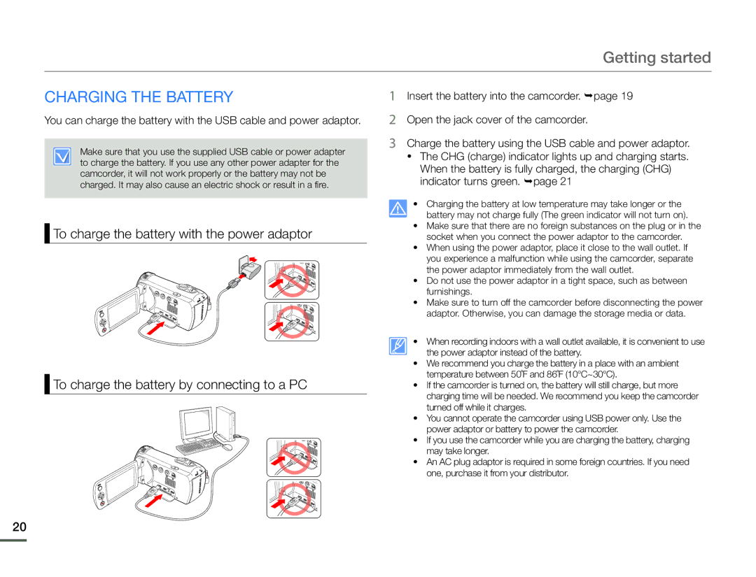 Samsung HMX-F910, HMX-F900, HMX-F920 user manual Getting started, Charging the Battery 