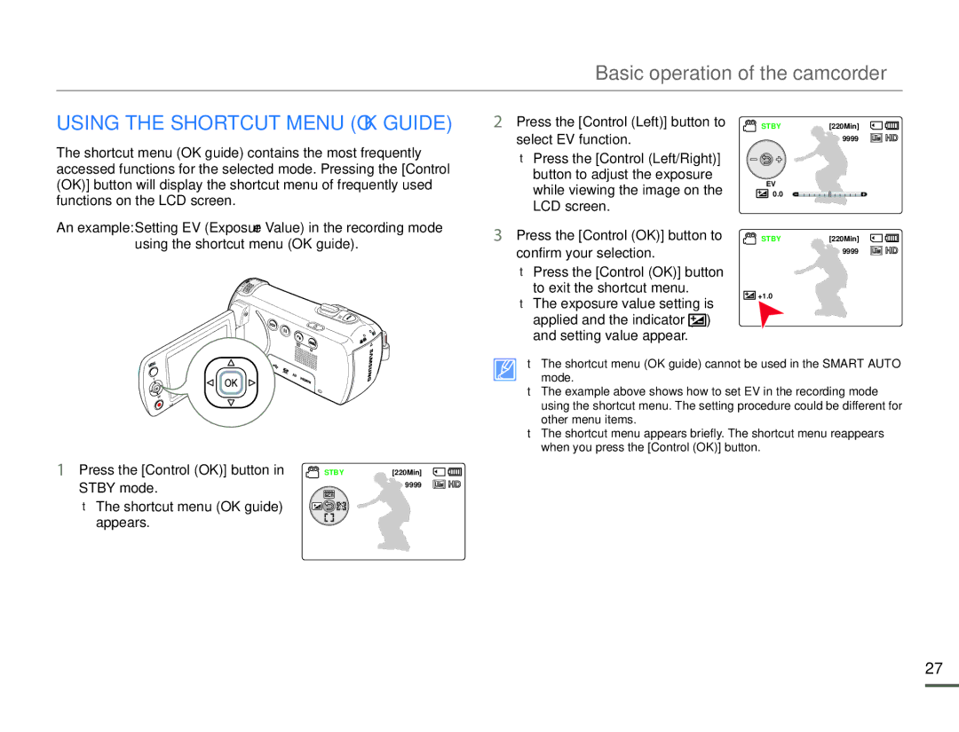 Samsung HMX-F900, HMX-F910, HMX-F920 Using the Shortcut Menu OK Guide, Press the Control OK button in STBY220Min Stby mode 