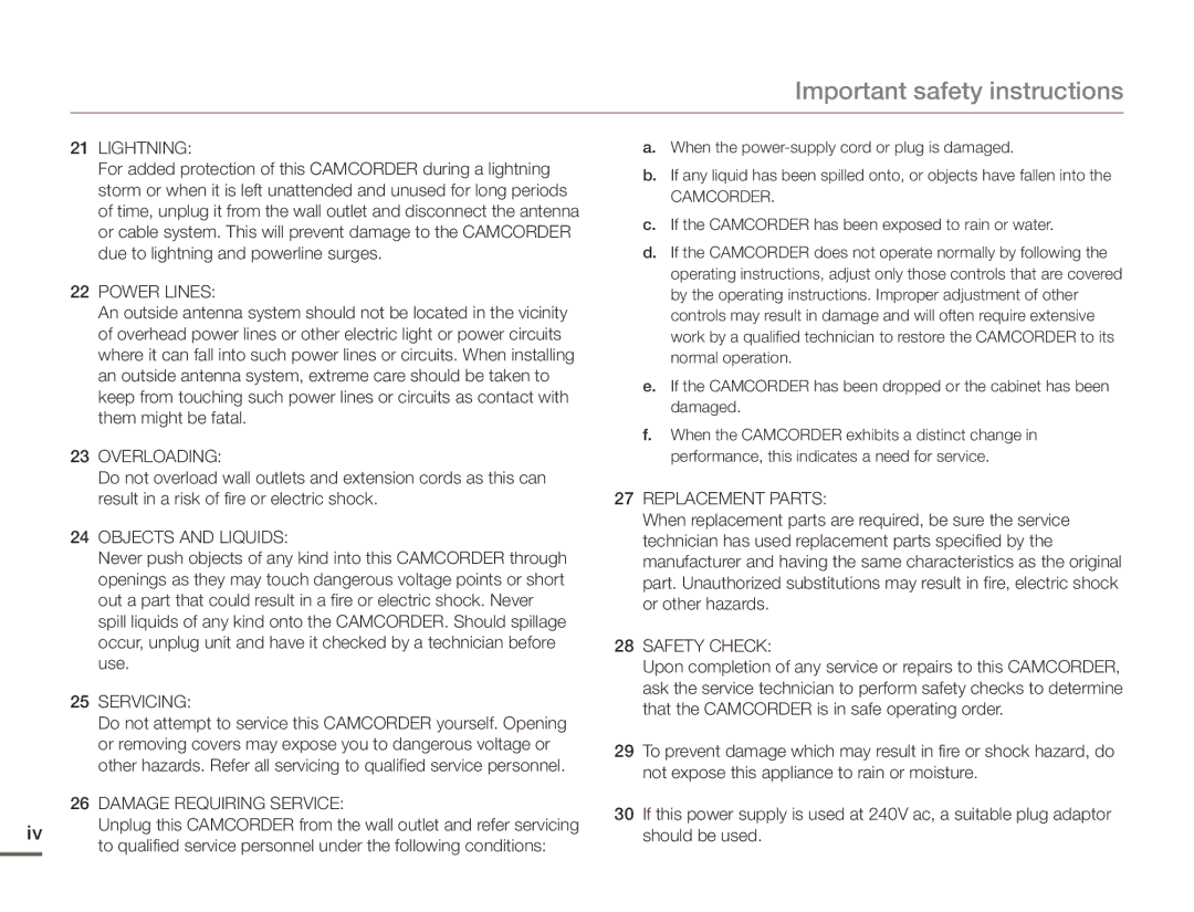 Samsung HMX-F910, HMX-F900, HMX-F920 user manual Lightning, If the Camcorder has been exposed to rain or water 