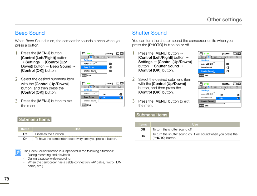 Samsung HMX-F910, HMX-F900, HMX-F920 user manual Beep Sound, Button  Shutter Sound  