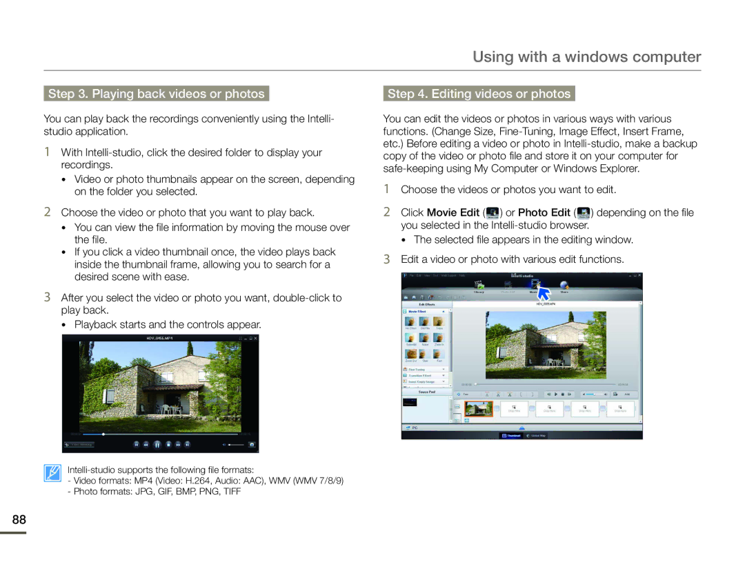 Samsung HMX-F910, HMX-F900, HMX-F920 user manual Playing back videos or photos, Editing videos or photos 