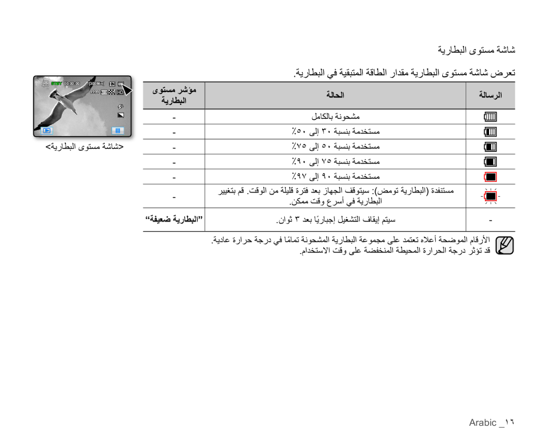 Samsung HMX-H105BP/HAC, HMX-H104BP/AAW manual Arabic ˺˿, ϯϮΘδϣήηΆϣ, ϡΪΨΘγϻΖϗϭϰϠϋΔπϔΨϨϤϟΔτϴΤϤϟΓέήΤϟΔΟέΩήΛΆΗΪϗ 