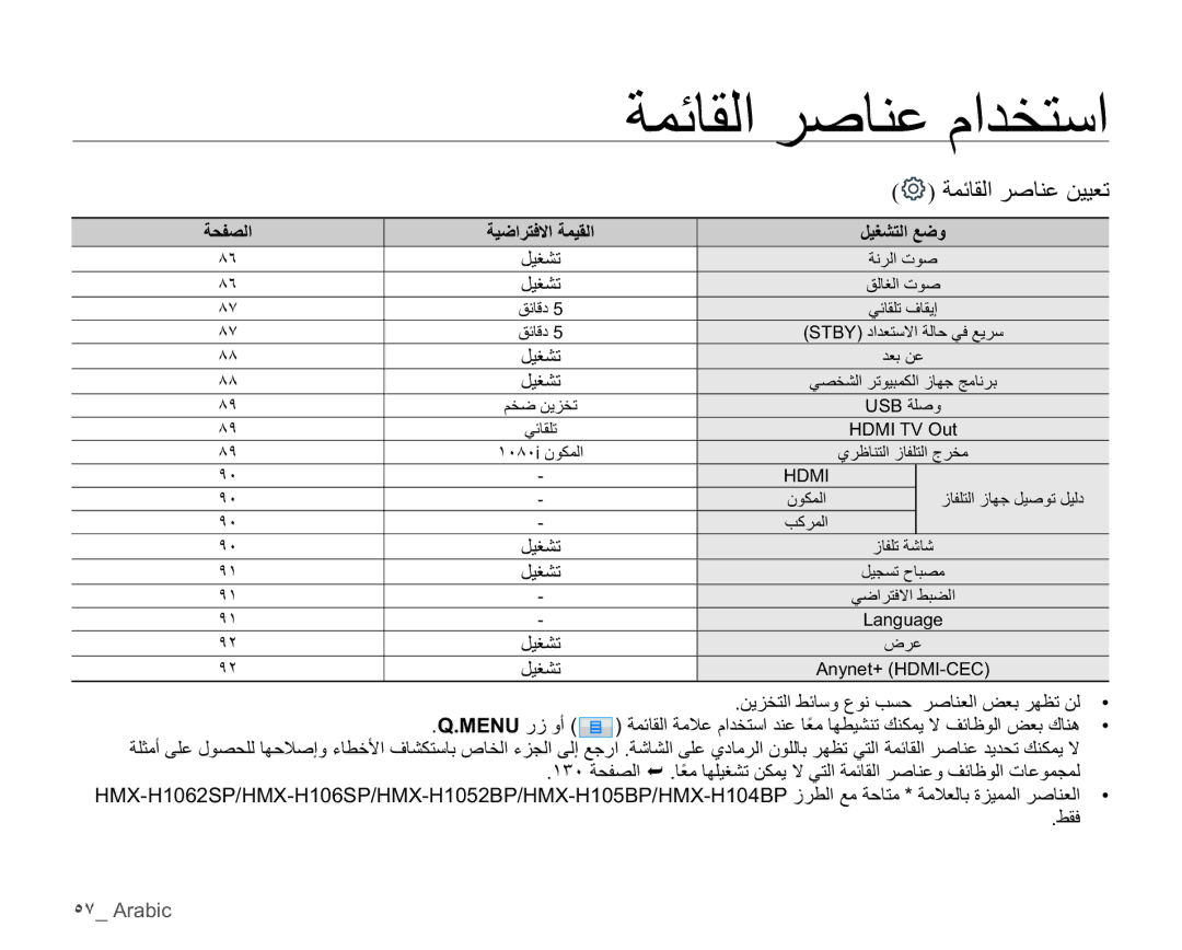 Samsung HMX-H105BP/AAW, HMX-H104BP/AAW, HMX-H100P/MEA, HMX-H106SP/AAW, HMX-H104BP/MEA, HMX-H105BP/MEA, HMX-H106SP/HAC ˾̀ Arabic 