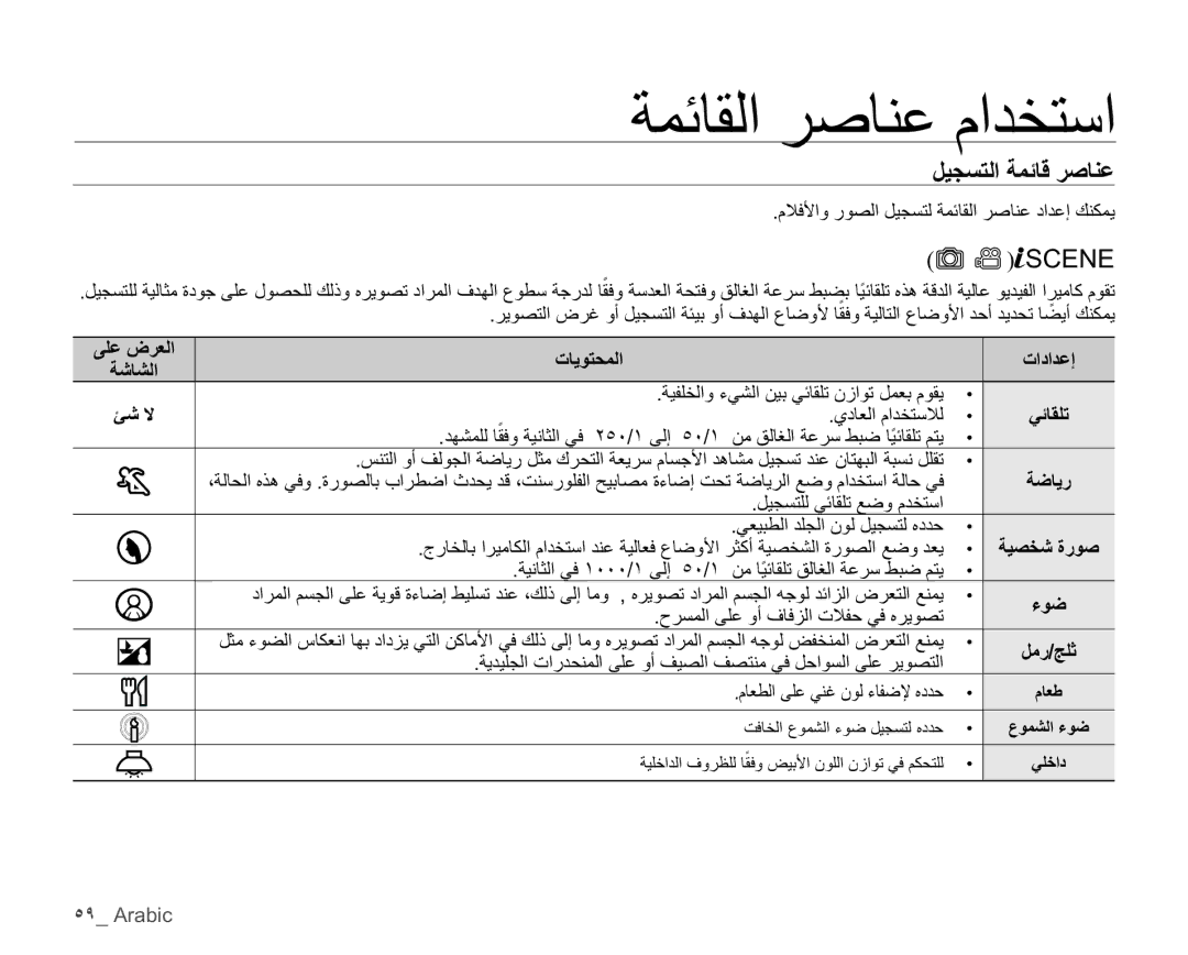 Samsung HMX-H106SP/HAC, HMX-H104BP/AAW, HMX-H100P/MEA, HMX-H106SP/AAW manual ϞϴΠδΘϟΔϤΎϗήλΎϨϋ, Scene, ˯Ϯο, ˾̂ Arabic 