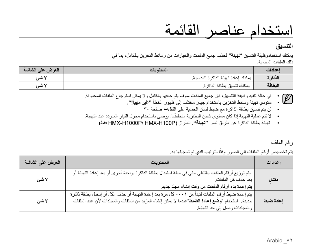 Samsung HMX-H106SP/AAW, HMX-H104BP/AAW, HMX-H100P/MEA manual ΠϴδϨΘϟ, ϒϠϤϟϢϗέ, ΔηΎθϟϰϠϋνήόϟ Ίηϻ ΕΎϳϮΘΤϤϟ, Arabic ́˻ 