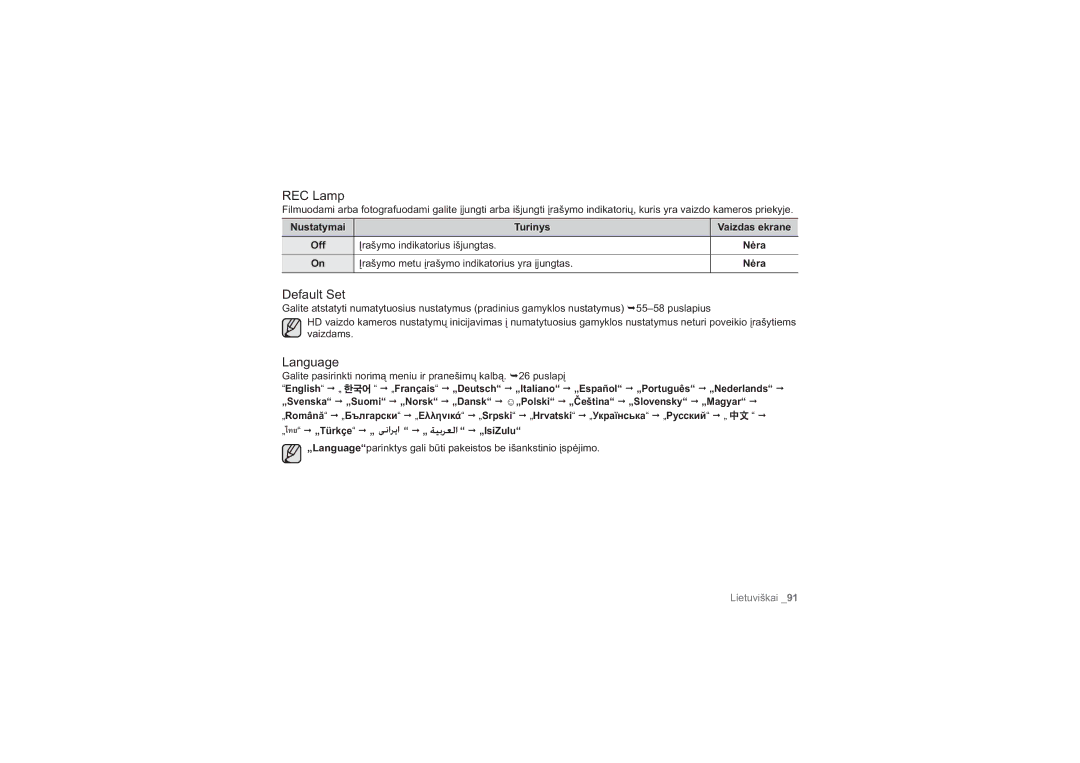 Samsung HMX-H100P/XEB, HMX-H104BP/XEB manual REC Lamp, Default Set, Language, Įrašymo indikatorius išjungtas 