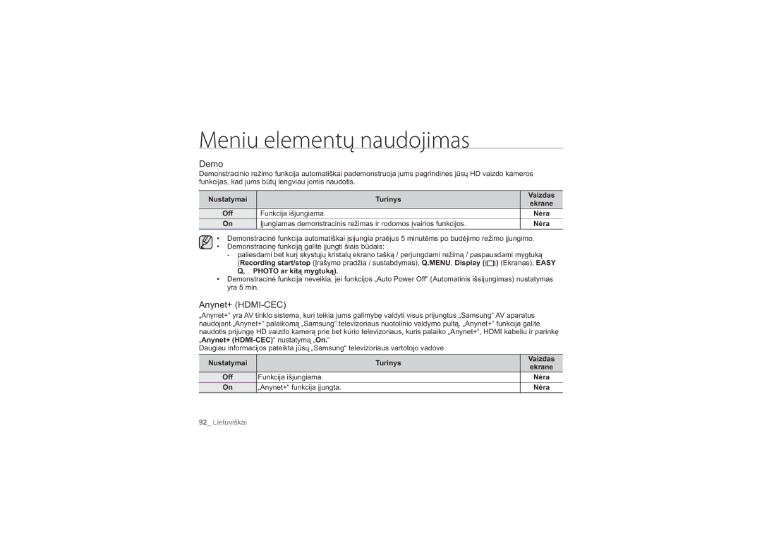 Samsung HMX-H104BP/XEB, HMX-H100P/XEB manual Demo, Anynet+ HDMI-CEC, „Anynet+ funkcija įjungta 