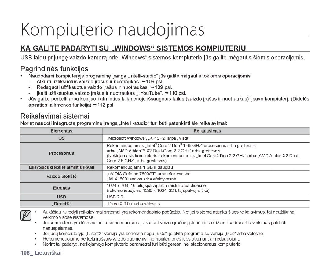 Samsung HMX-H104BP/XEB, HMX-H100P/XEB manual KĄ Galite Padaryti SU „WINDOWS Sistemos Kompiuteriu 