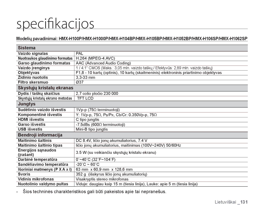 Samsung HMX-H100P/XEB, HMX-H104BP/XEB manual Specifikacijos 