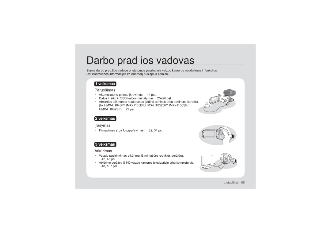 Samsung HMX-H100P/XEB, HMX-H104BP/XEB manual Darbo pradžios vadovas, Paruošimas, Įrašymas, Atkūrimas 