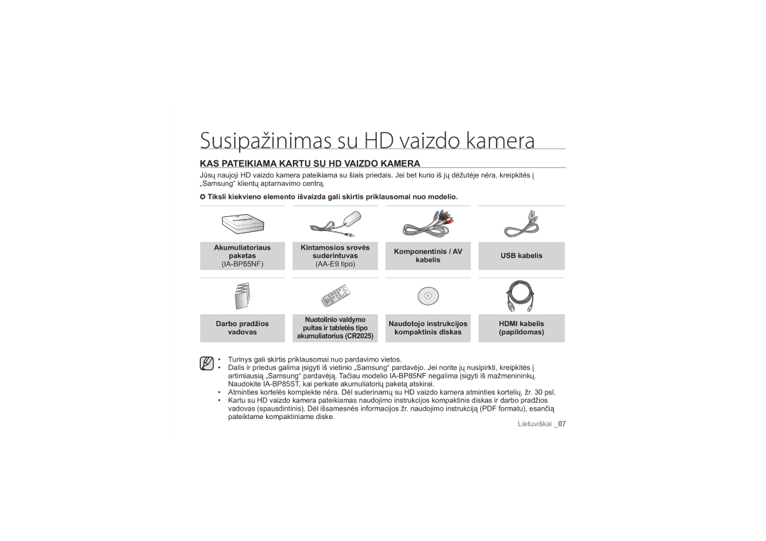 Samsung HMX-H100P/XEB, HMX-H104BP/XEB manual Susipažinimas su HD vaizdo kamera, KAS Pateikiama Kartu SU HD Vaizdo Kamera 