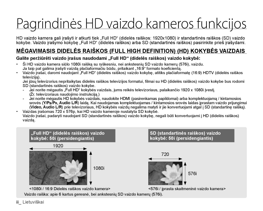 Samsung HMX-H104BP/XEB, HMX-H100P/XEB manual Pagrindinės HD vaizdo kameros funkcijos 