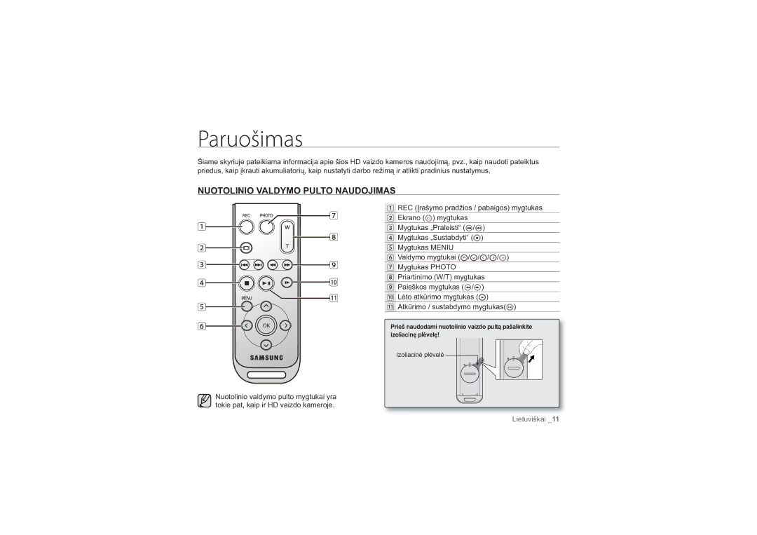 Samsung HMX-H100P/XEB, HMX-H104BP/XEB manual Paruošimas, Nuotolinio Valdymo Pulto Naudojimas 