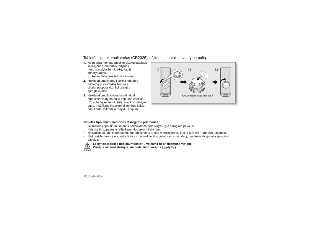 Samsung HMX-H104BP/XEB, HMX-H100P/XEB manual Tabletės tipo akumuliatoriaus atsargumo priemonės 