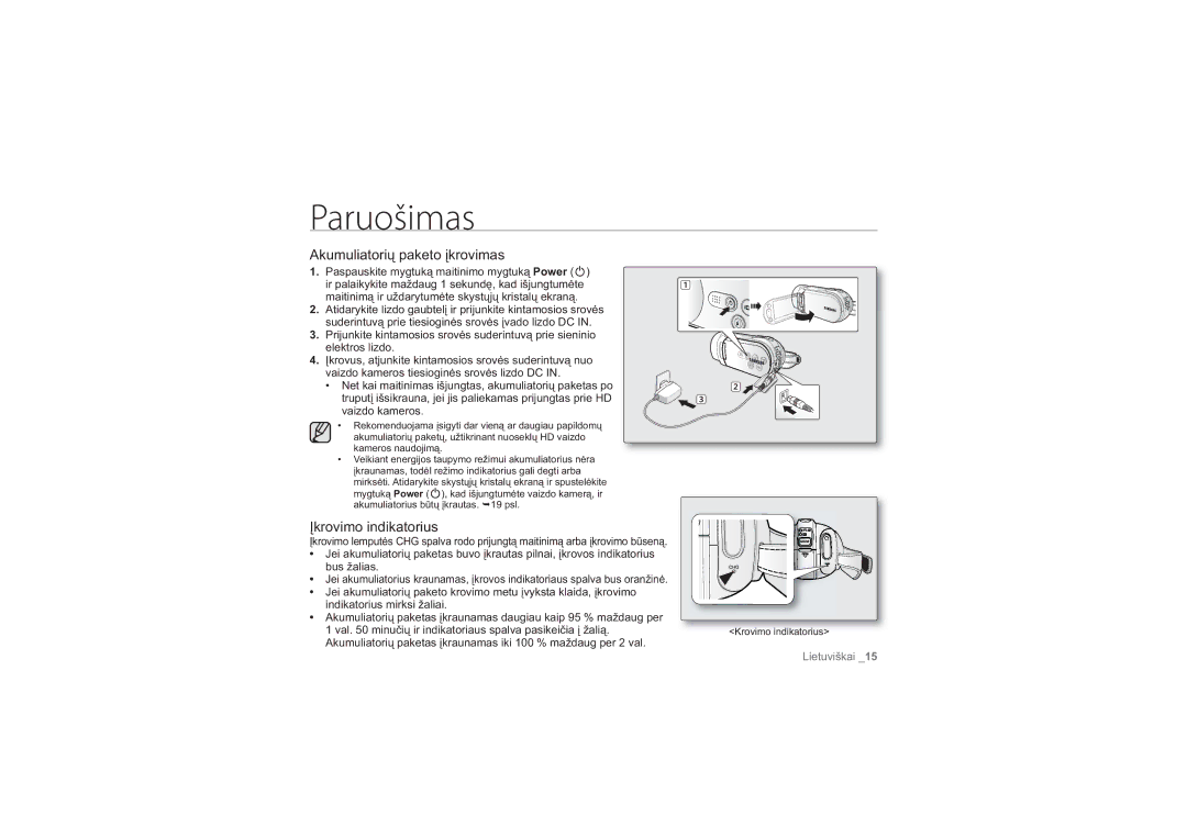 Samsung HMX-H100P/XEB, HMX-H104BP/XEB manual Akumuliatorių paketo įkrovimas, Įkrovimo indikatorius 