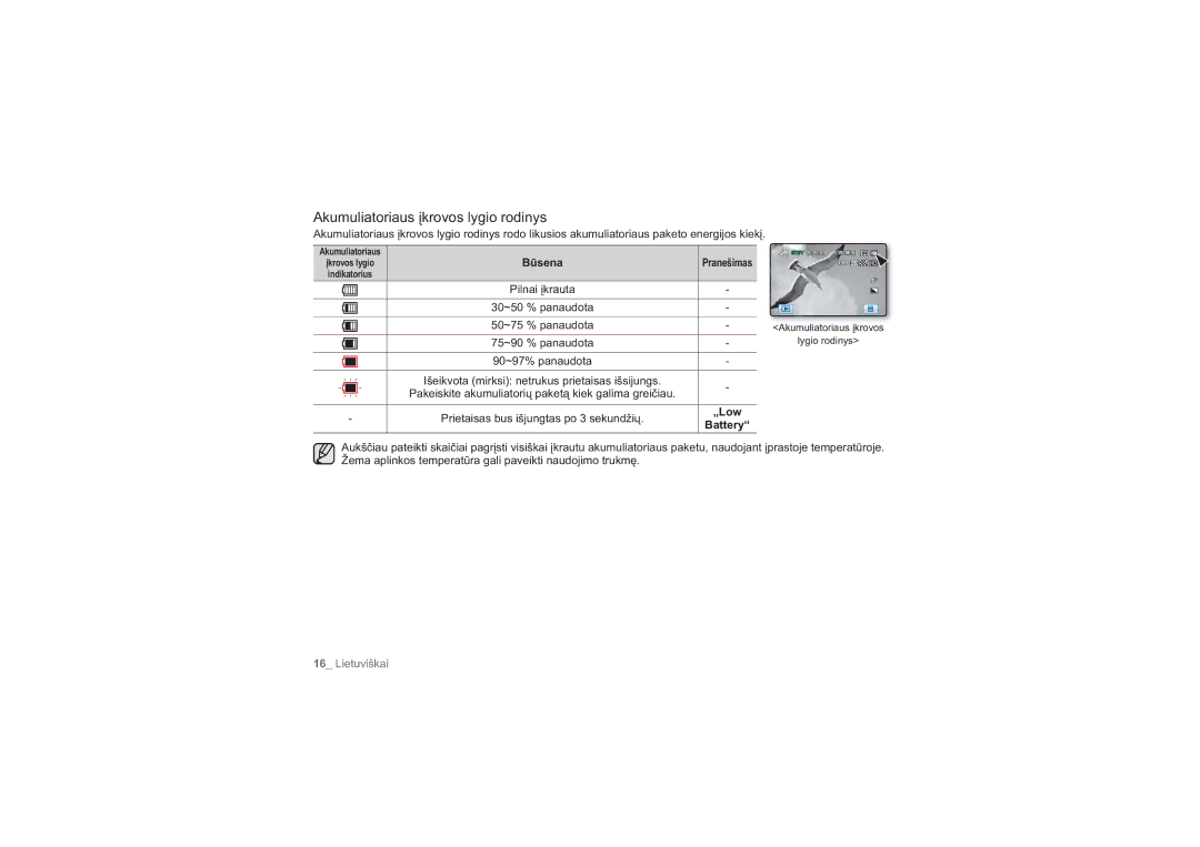 Samsung HMX-H104BP/XEB, HMX-H100P/XEB manual Akumuliatoriaus įkrovos lygio rodinys, Būsena, „Low, Battery 