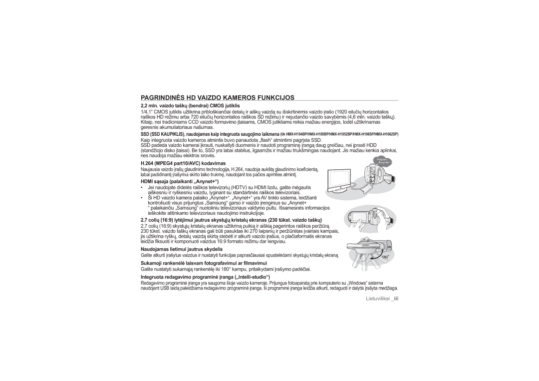 Samsung HMX-H100P/XEB, HMX-H104BP/XEB manual Pagrindinės HD Vaizdo Kameros Funkcijos 