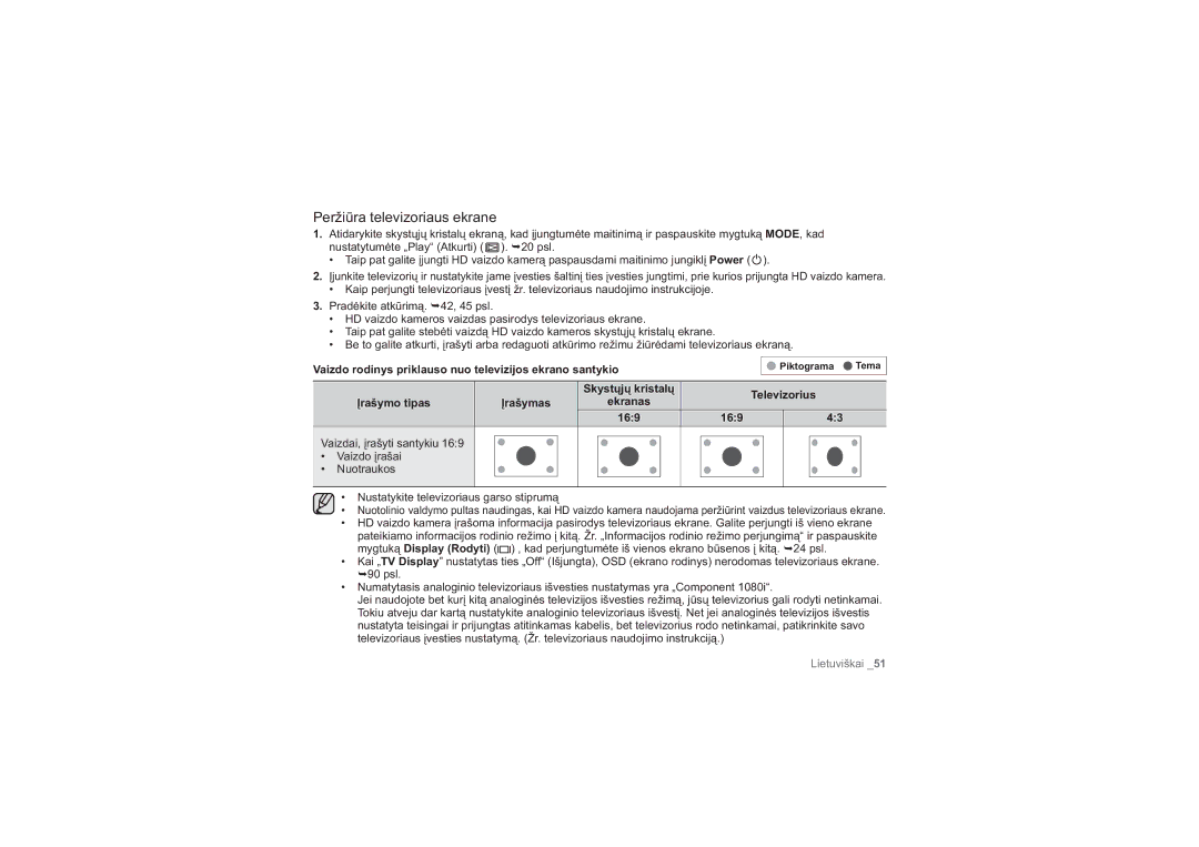 Samsung HMX-H100P/XEB manual Peržiūra televizoriaus ekrane, Vaizdo rodinys priklauso nuo televizijos ekrano santykio, 169 