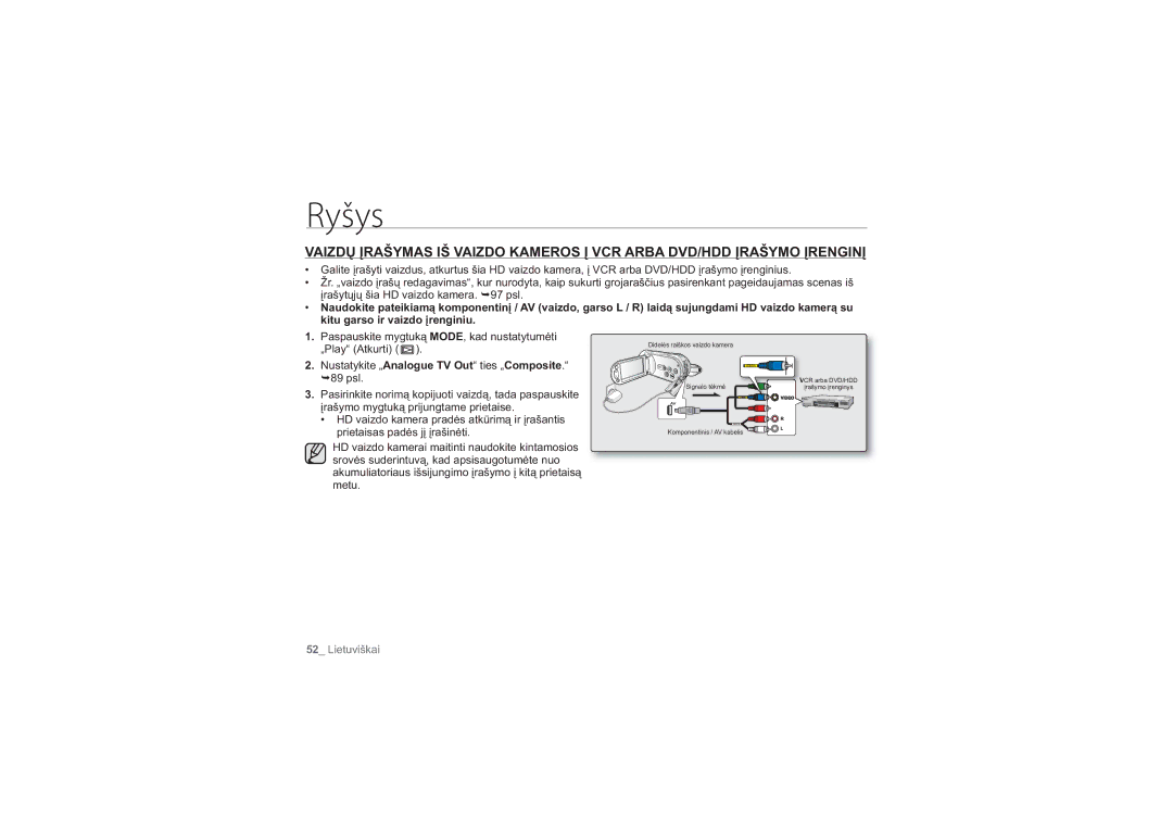 Samsung HMX-H104BP/XEB, HMX-H100P/XEB manual Ryšys, Nustatykite „Analogue TV Out ties „Composite 