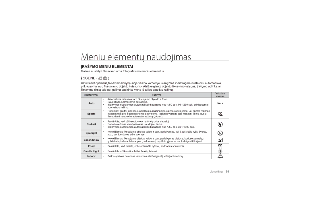 Samsung HMX-H100P/XEB, HMX-H104BP/XEB manual Įrašymo Meniu Elementai, Scene 