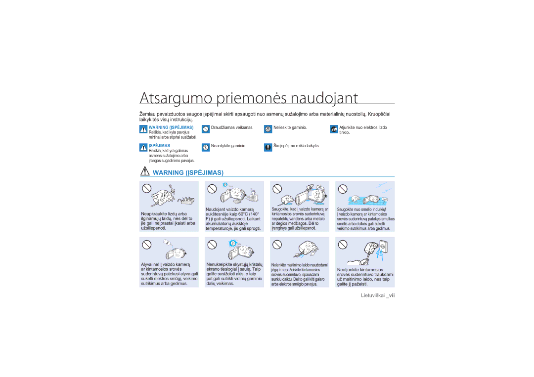 Samsung HMX-H100P/XEB, HMX-H104BP/XEB manual Atsargumo priemonės naudojant, Įspėjimas 