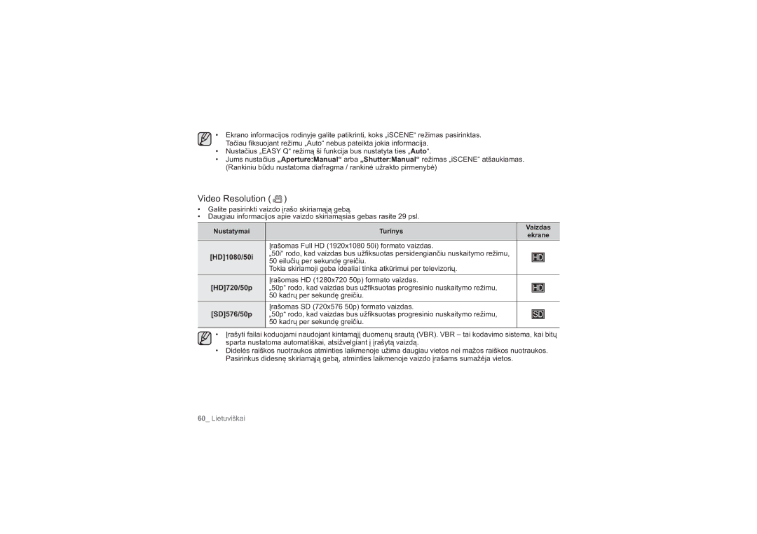 Samsung HMX-H104BP/XEB, HMX-H100P/XEB manual Video Resolution, HD1080/50i, HD720/50p, Nustatymai Turinys Vaizdas, SD576/50p 