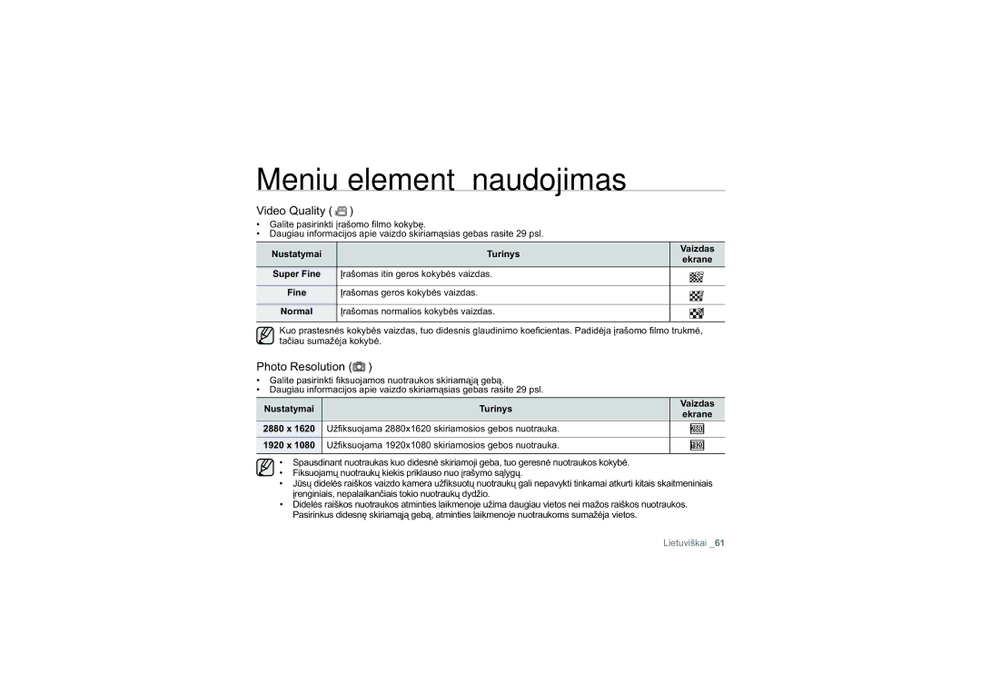 Samsung HMX-H100P/XEB, HMX-H104BP/XEB manual Video Quality, Photo Resolution 