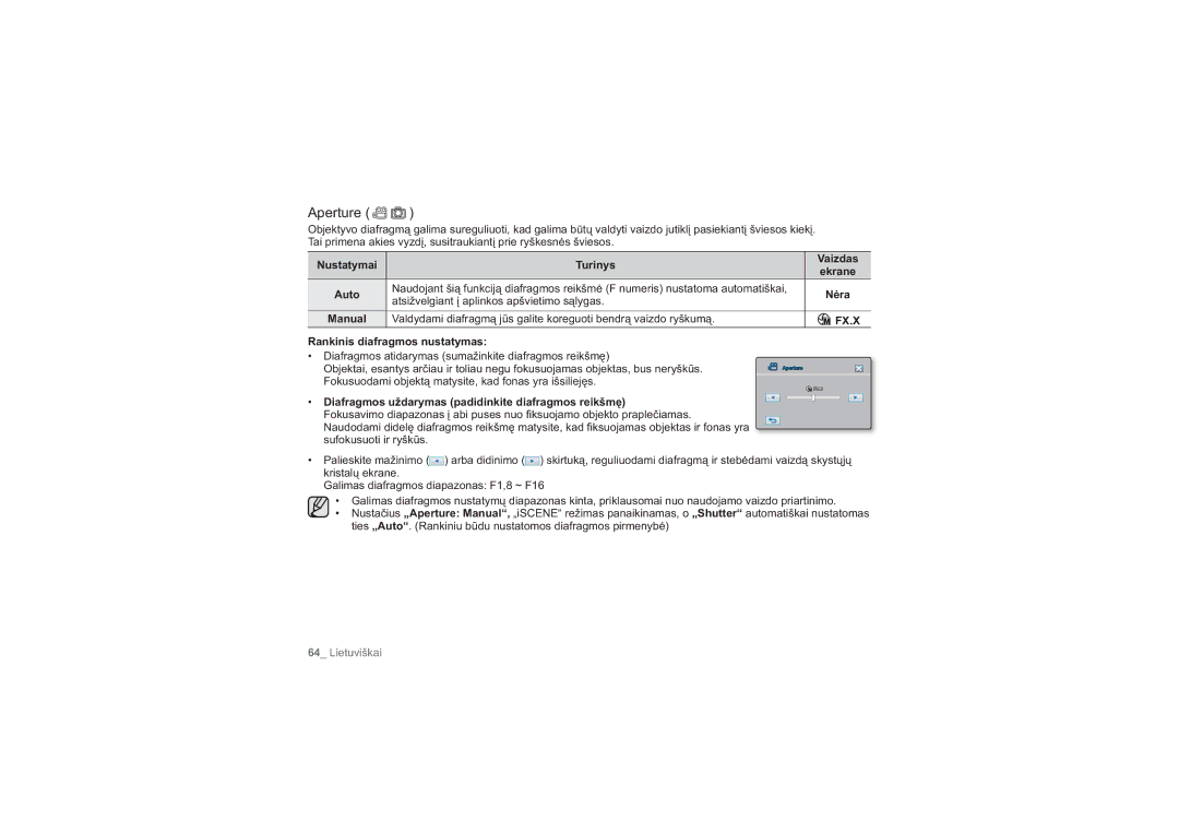 Samsung HMX-H104BP/XEB manual Aperture, Nustatymai Turinys Vaizdas, Atsižvelgiant į aplinkos apšvietimo sąlygas, Manual 